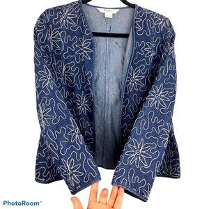 TanJay Floral Embroidered Oversized Denim Open Front Jacket Tencel cotton S P